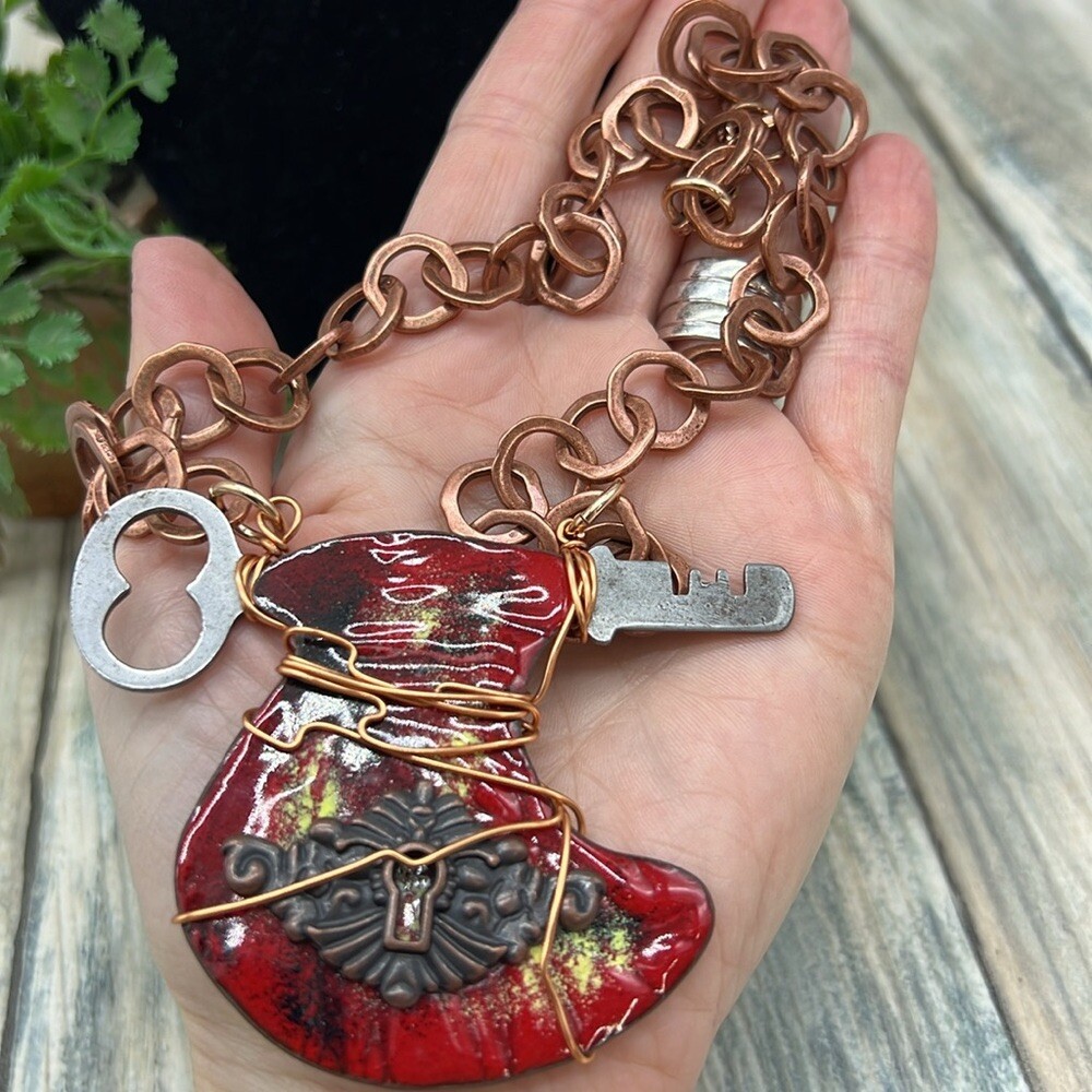 Adorned Crown Jewelry artisan assemblage key enamel keyhole copper necklace