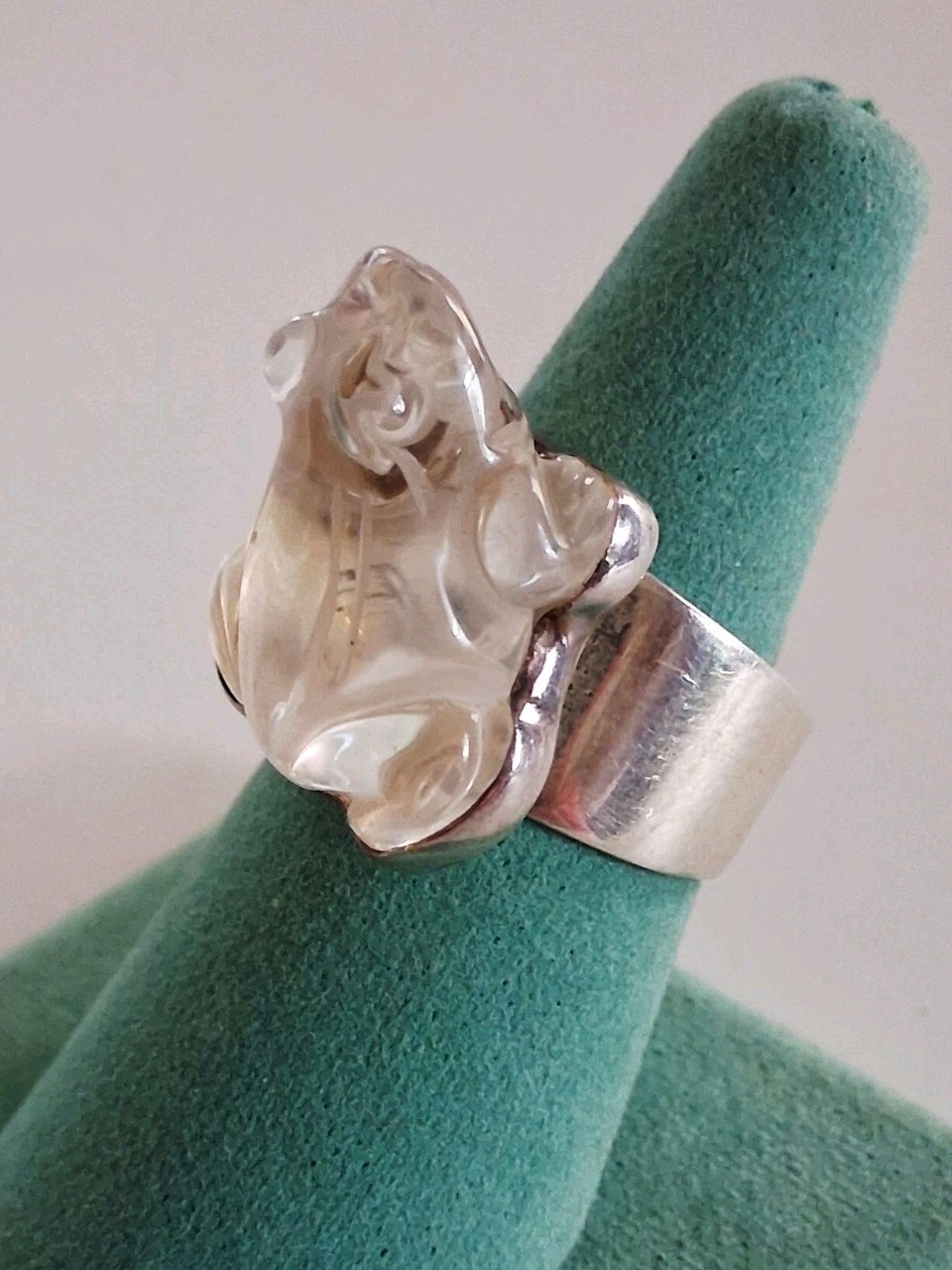 Hand Carved Rock Crystal Quartz Frog Statement Ring Size 10 Sterling Silver NIB