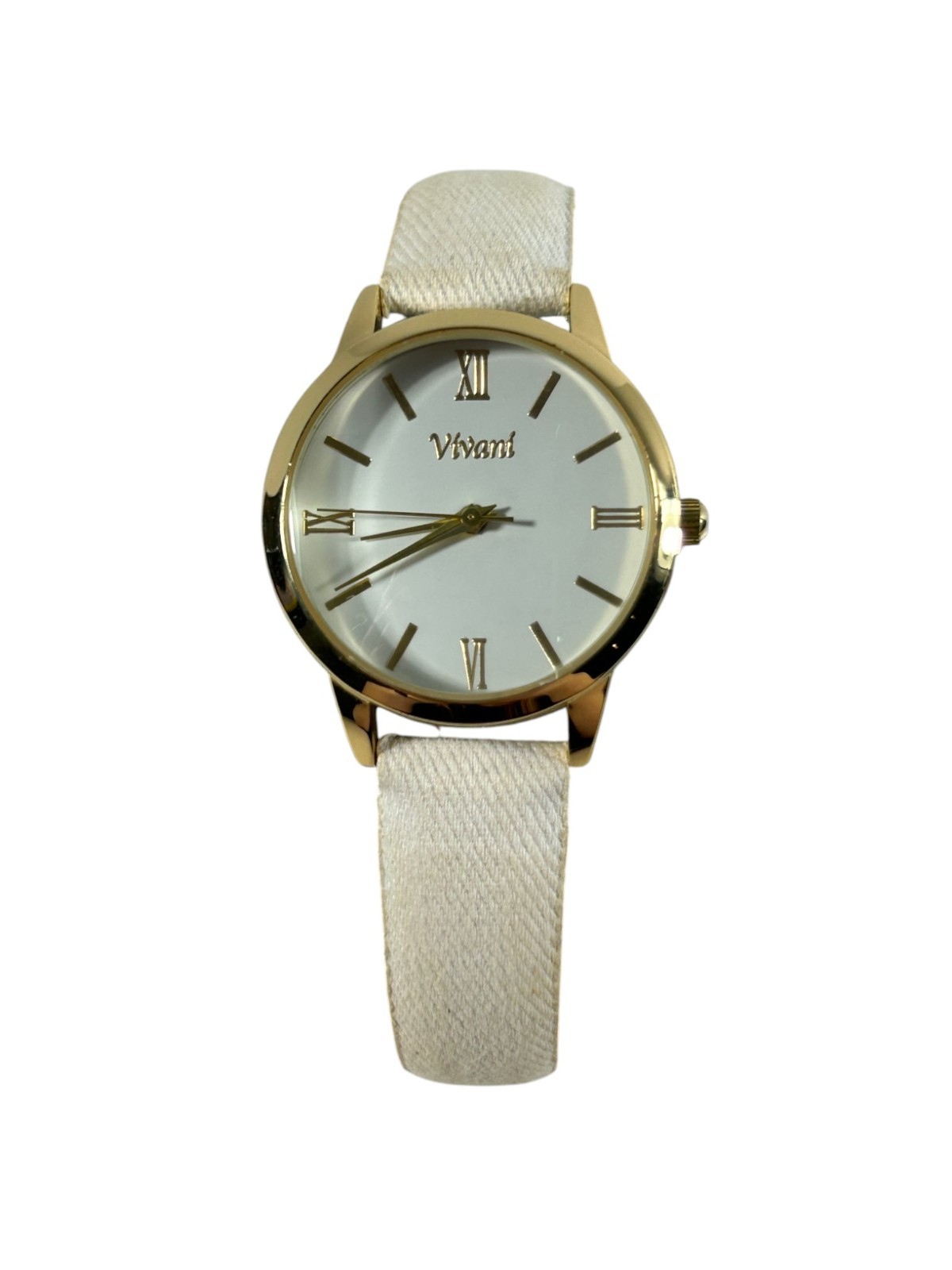 Vivani Faux Leather Cream Fabric Band Womens Wrist Watch White Face Stainless