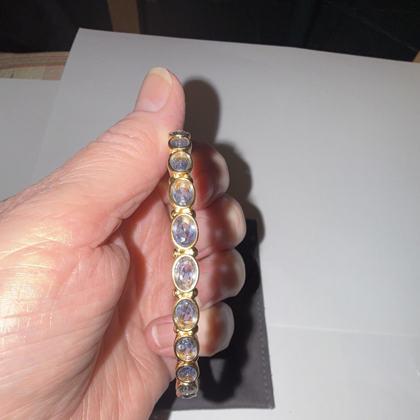 Julie Vos 24k Gold Overlay Bangle Bracelet Charcoal Blue Oval Stone
