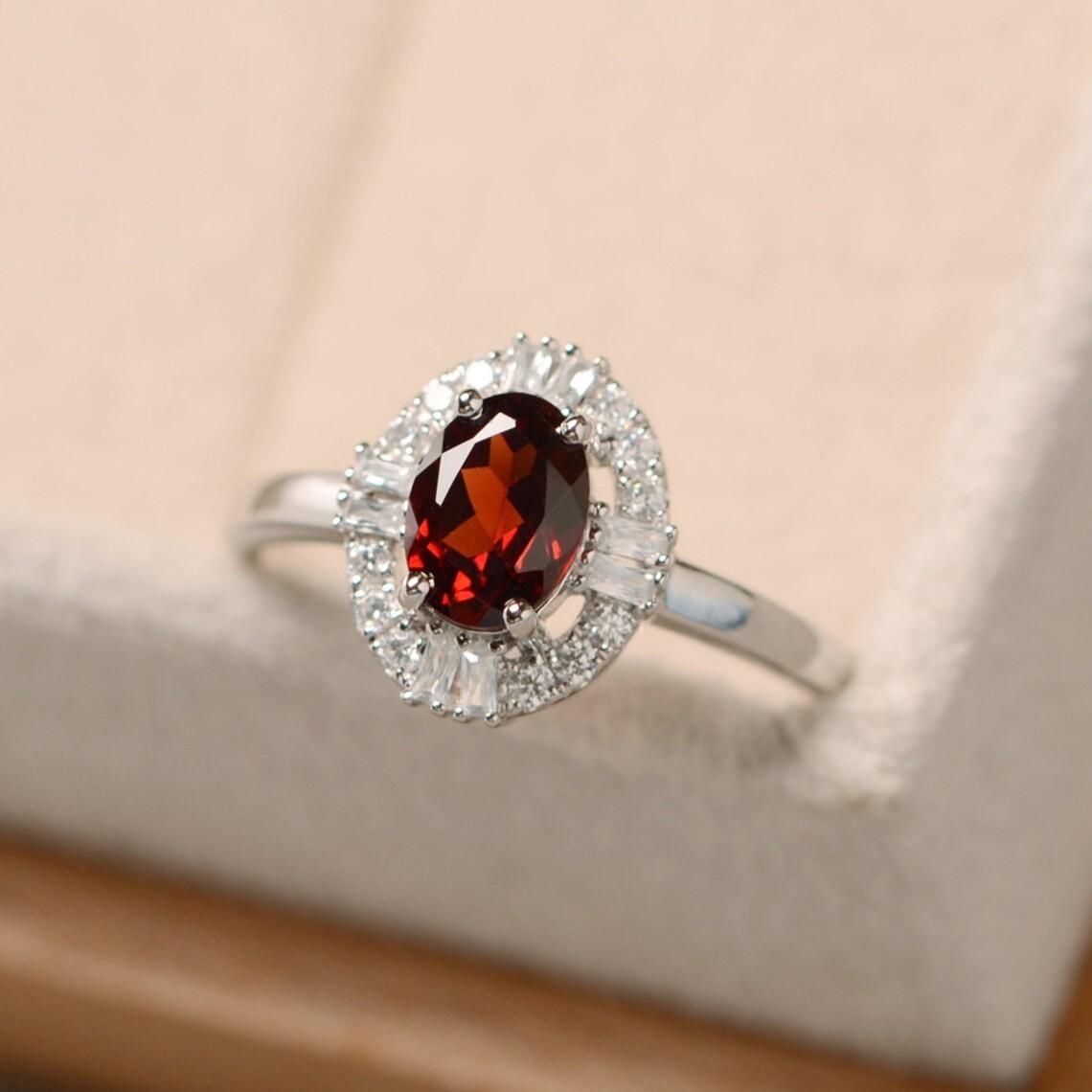 2CT Garnet Oval Gemstone 925 Silver Plated Halo Ring Duty Free