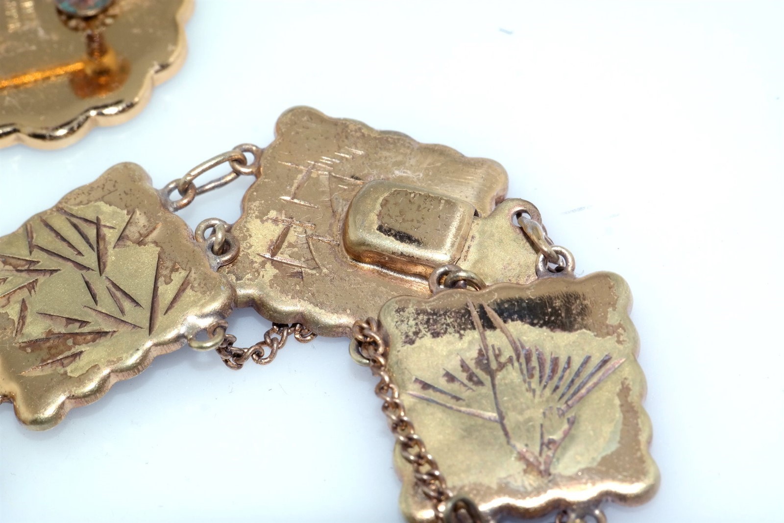Vtg Japanese Damascene Shakudo Panel Bracelet plus Earrings