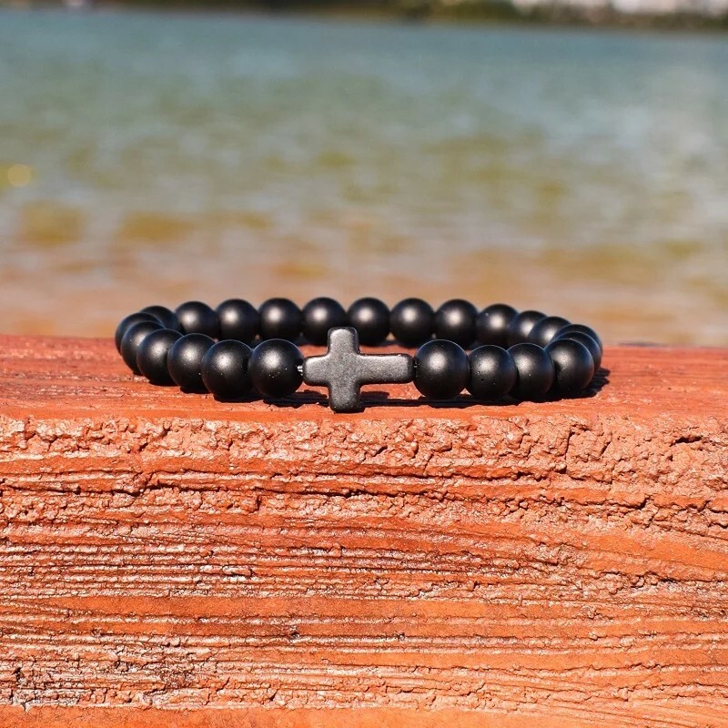 Charm Natural Stone Bracelet Cross Black Lava Matte Beaded Bracelets Handmade