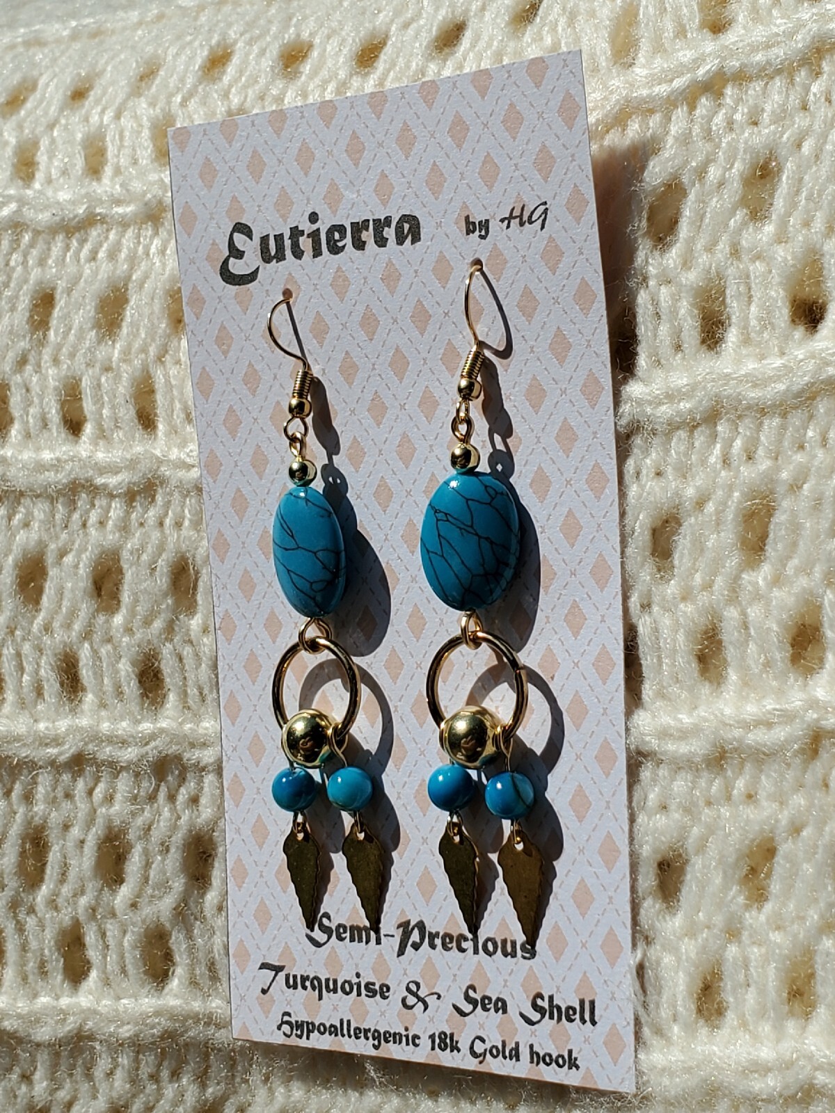 Eutierra Semi-Precious Turquoise & Sea Shell Earrings Hand Crafted In USA 3 1/4″