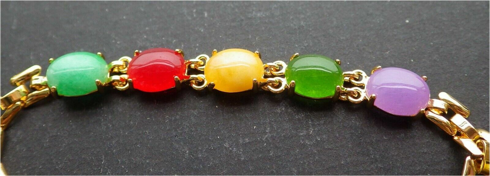 Gold Plate Lavender Red Green Yellow JADE Cabochon Beads Bangle Bracelet 101006