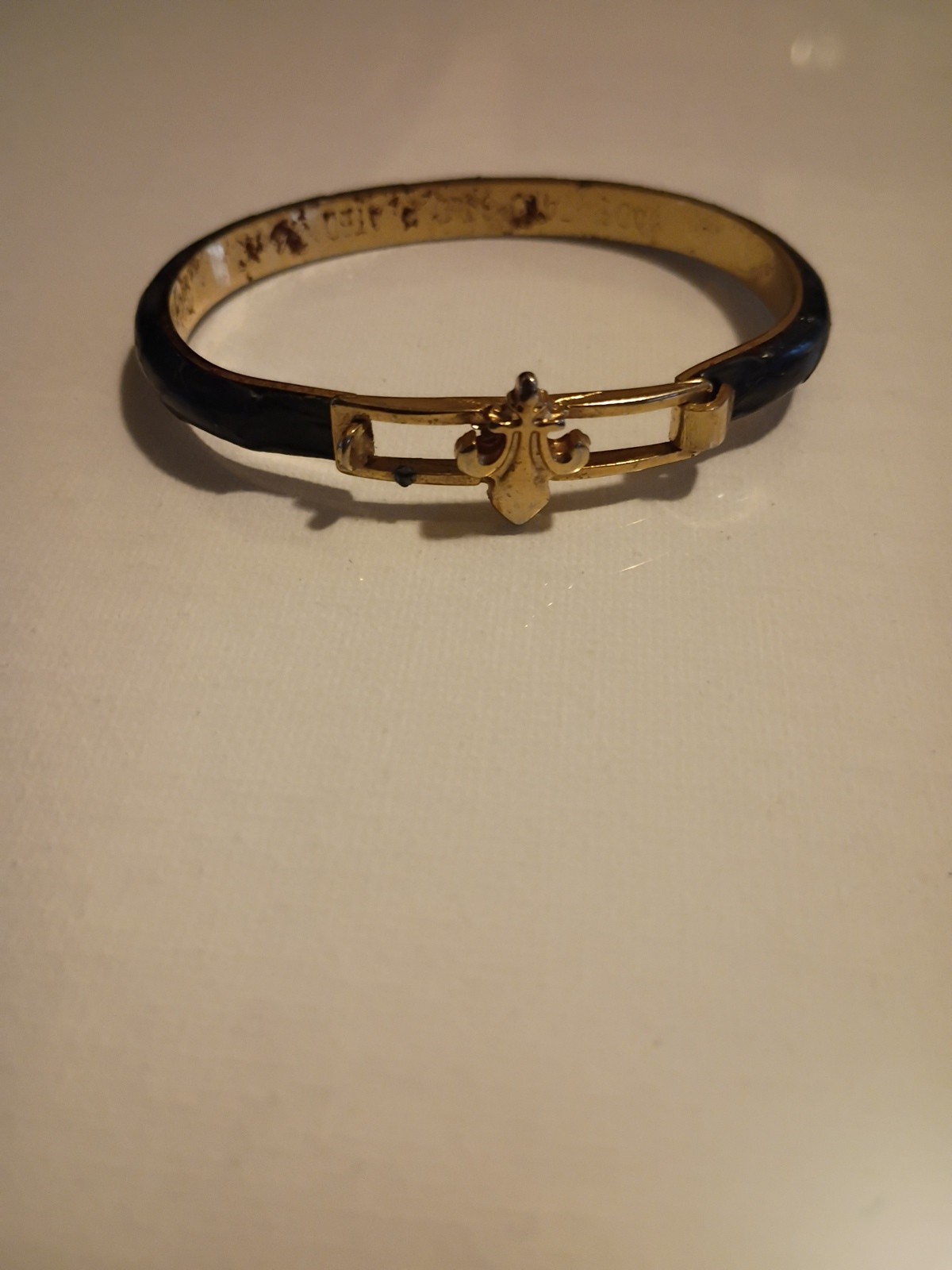 Fleur de Lis 24k Plated Italy Bracelet Blue Calf Skin Leather Hook Bangle