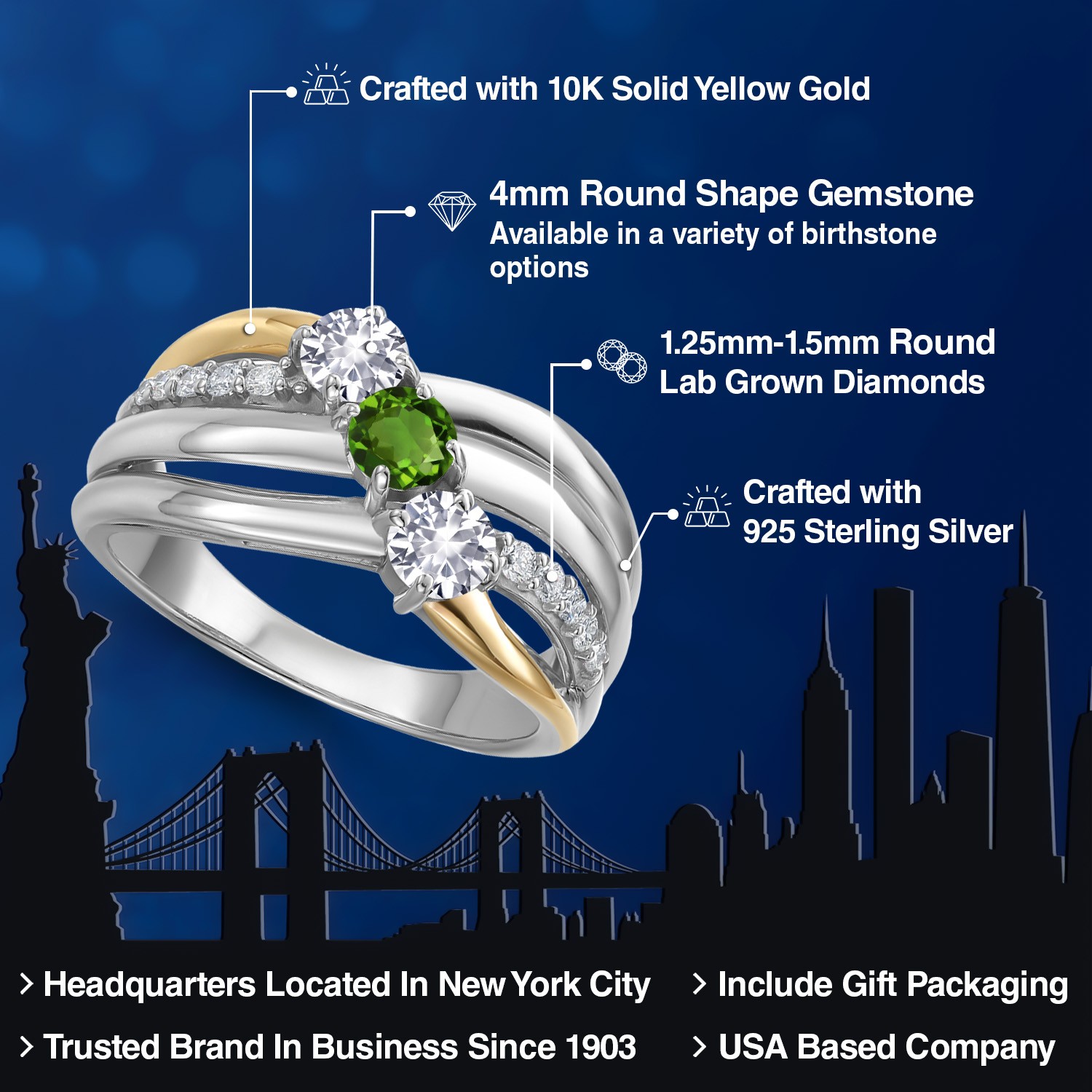 925 Silver and 10K Yellow Gold White Created Sapphire and Green Tourmaline and