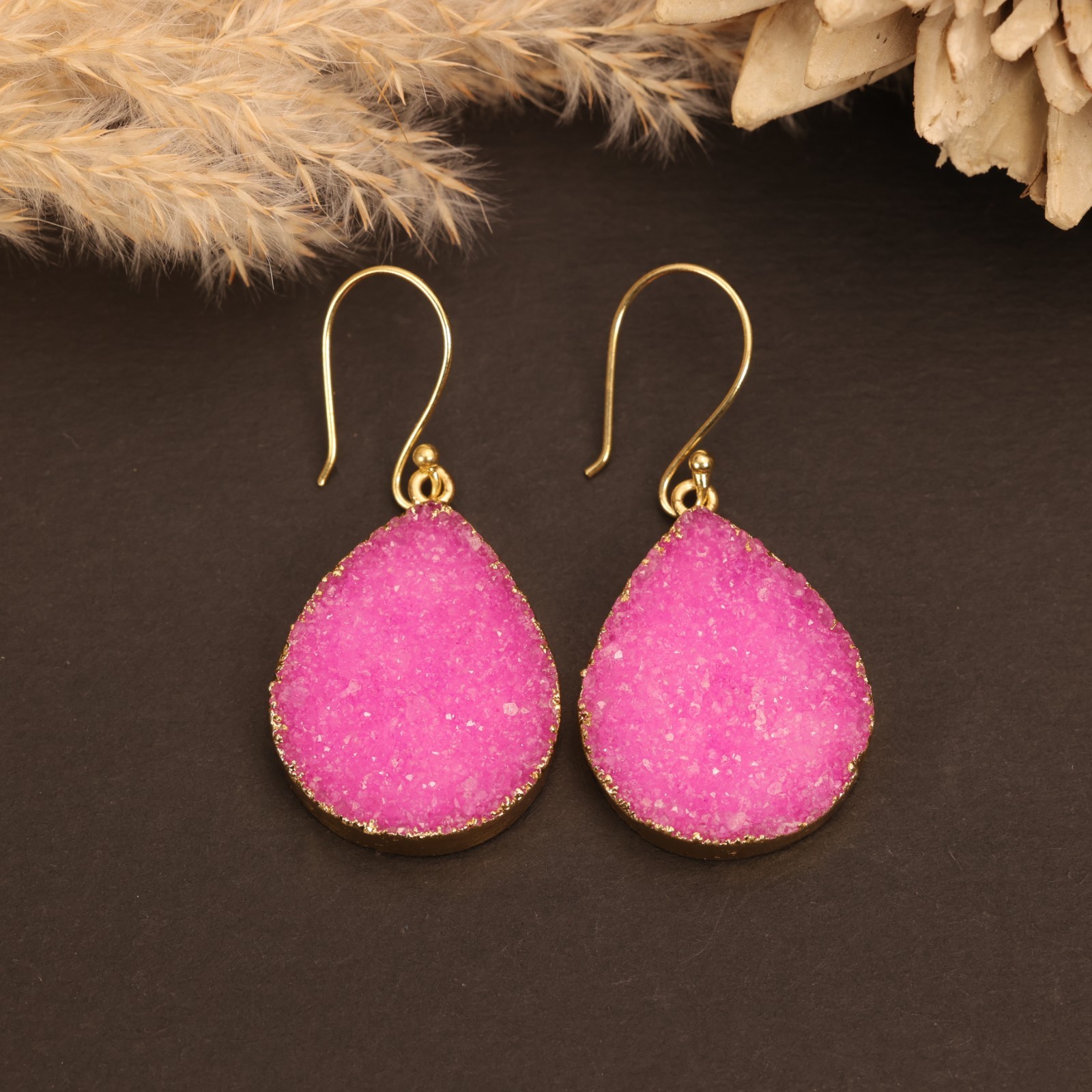 Pink Druzy Dangle Earrings | Gold Plated Brass.