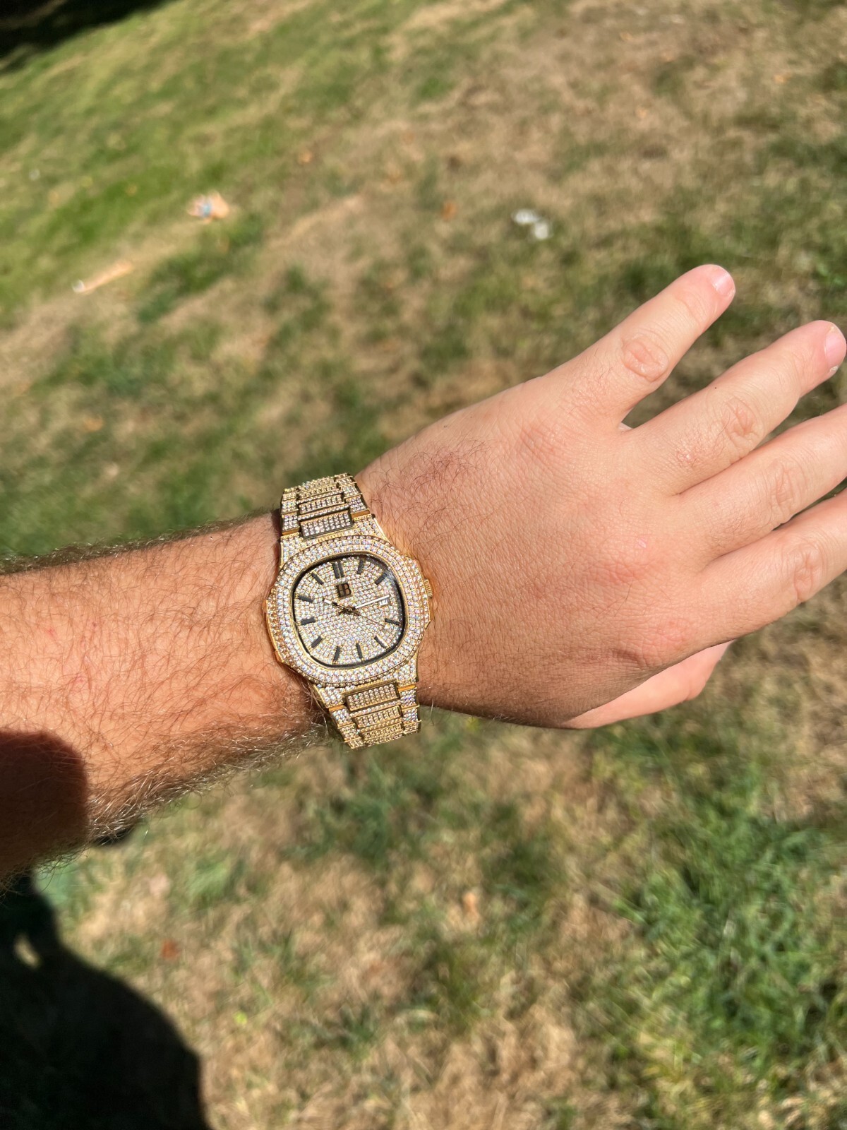 Real Mens Watch Fully Iced Gold Over Stainless Steel Bust Down Out 41mm Hip Hop