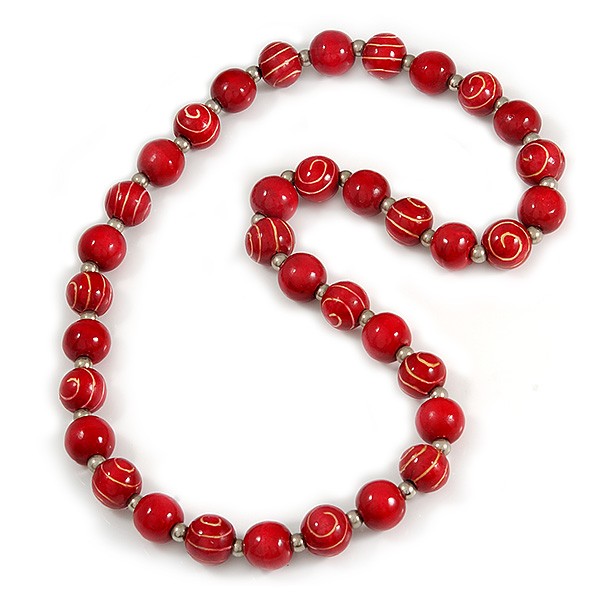 Chunky Round Wooden Bead Long Necklace/ Red/ 82cm Long