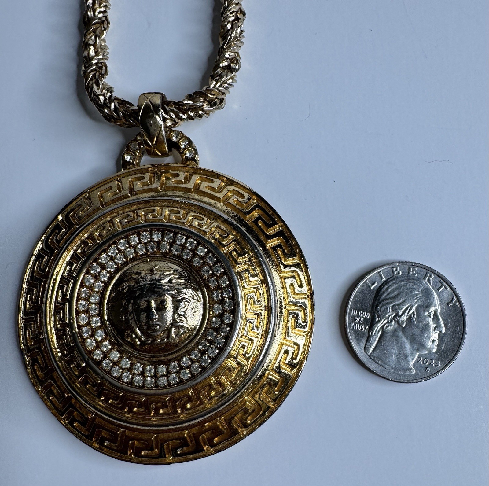 Dior Necklace and Large Pendant Versace Medusa Logo Gold Tone Rhinestones Rare