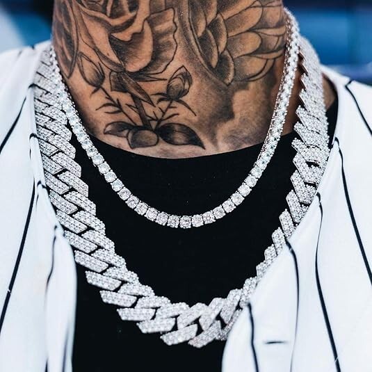 White Gold Plated Full Iced CZ Out Stainless Steel Mens Cuban Link Chain 15MM