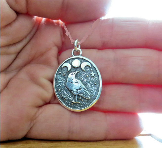Oval TRIPLE MOON PAGAN STAR CROW RAVEN Charm 925 Sterling Silver 18″ Necklace