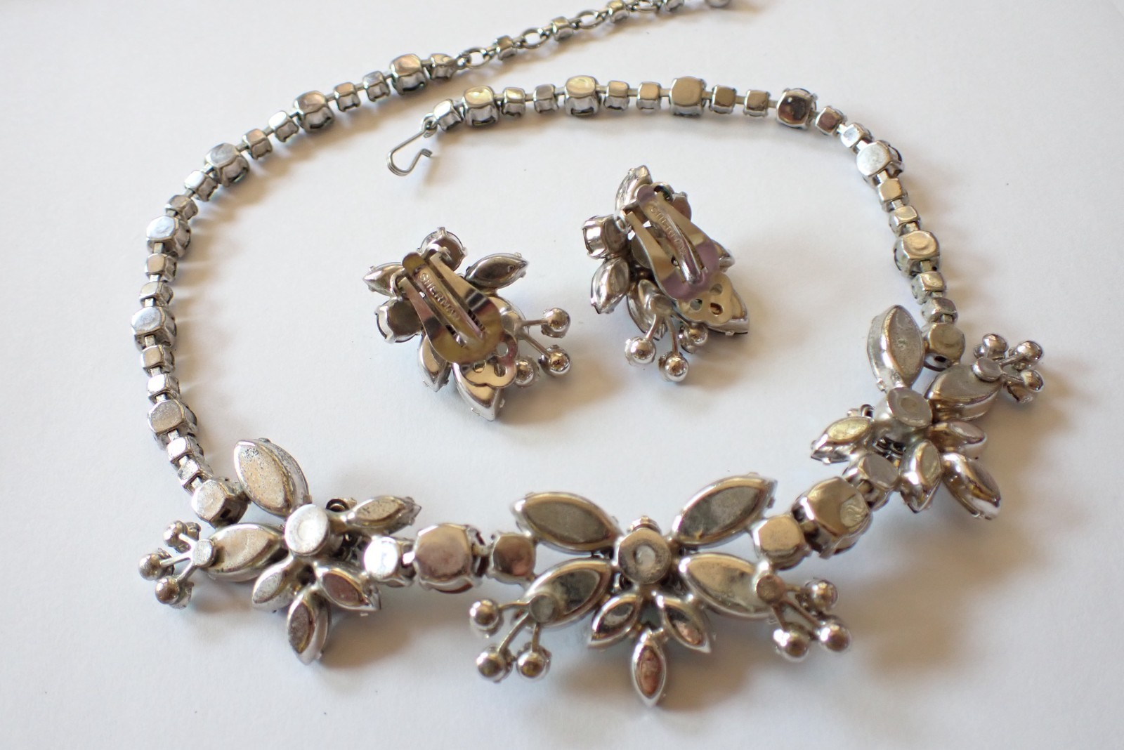 Vintage Signed Sherman Rhinestone Necklace & Earrings Set Blue Smoke & AB