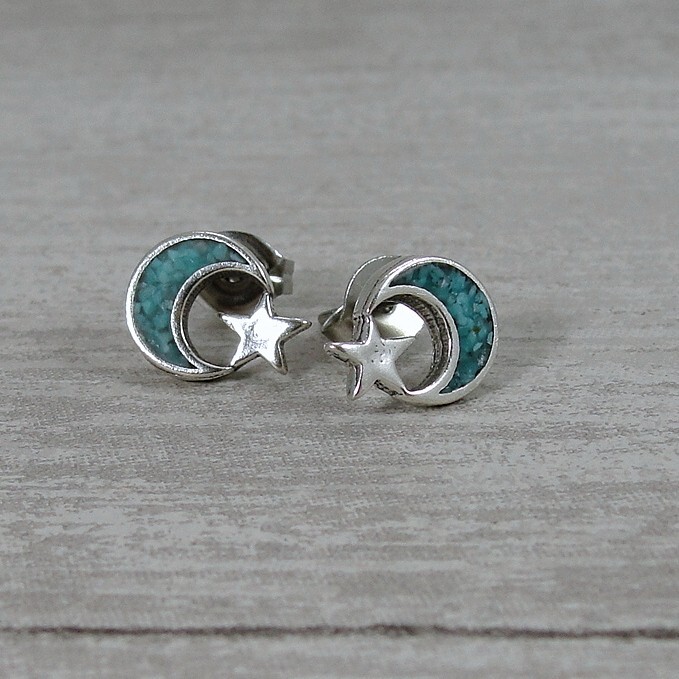 925 Sterling Silver and Turquoise Moon and Star Celestial Post Stud Earrings