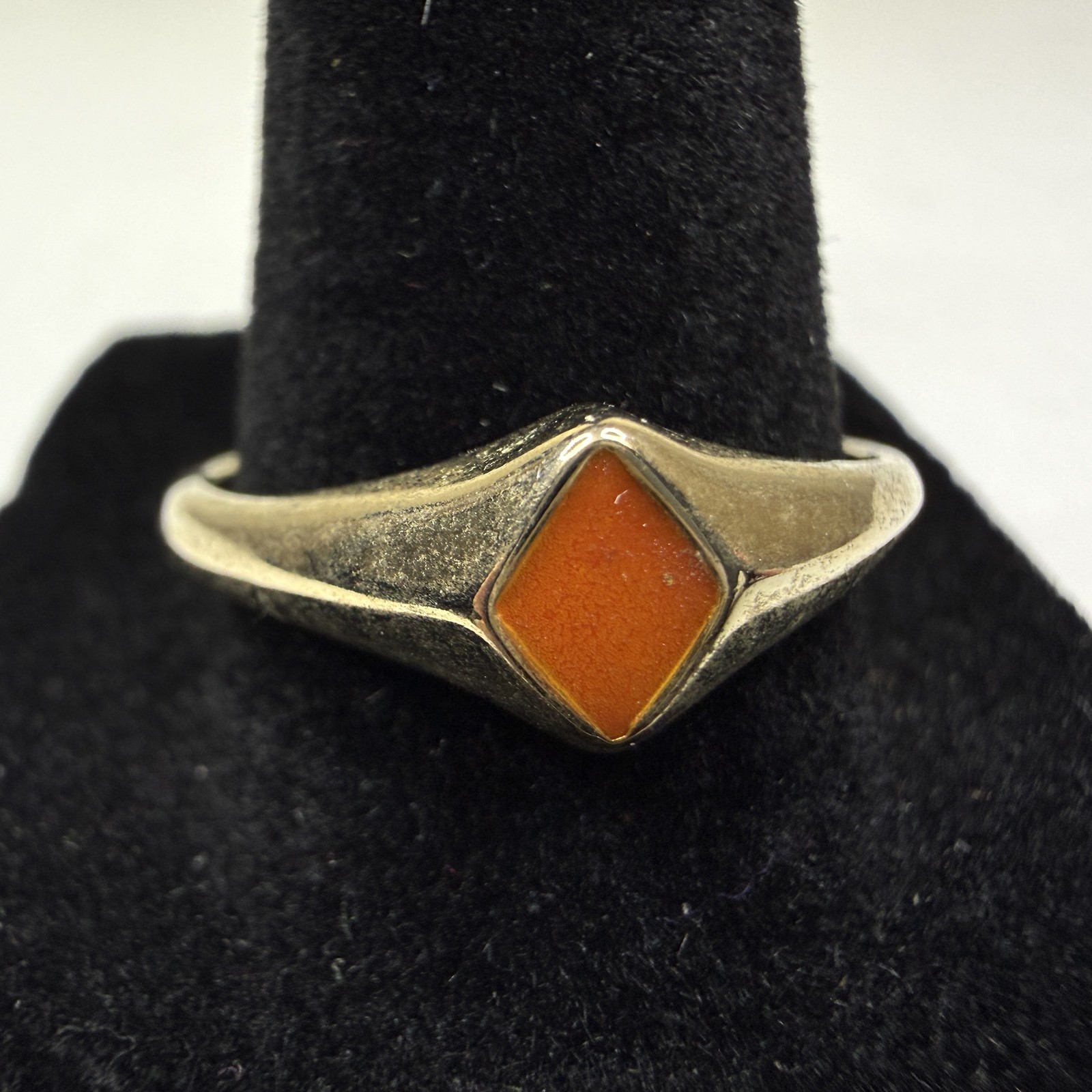 Vintage Style Gold Tone Ring Orange Enamel Inlay Rhombus Design Jewelry Size 9