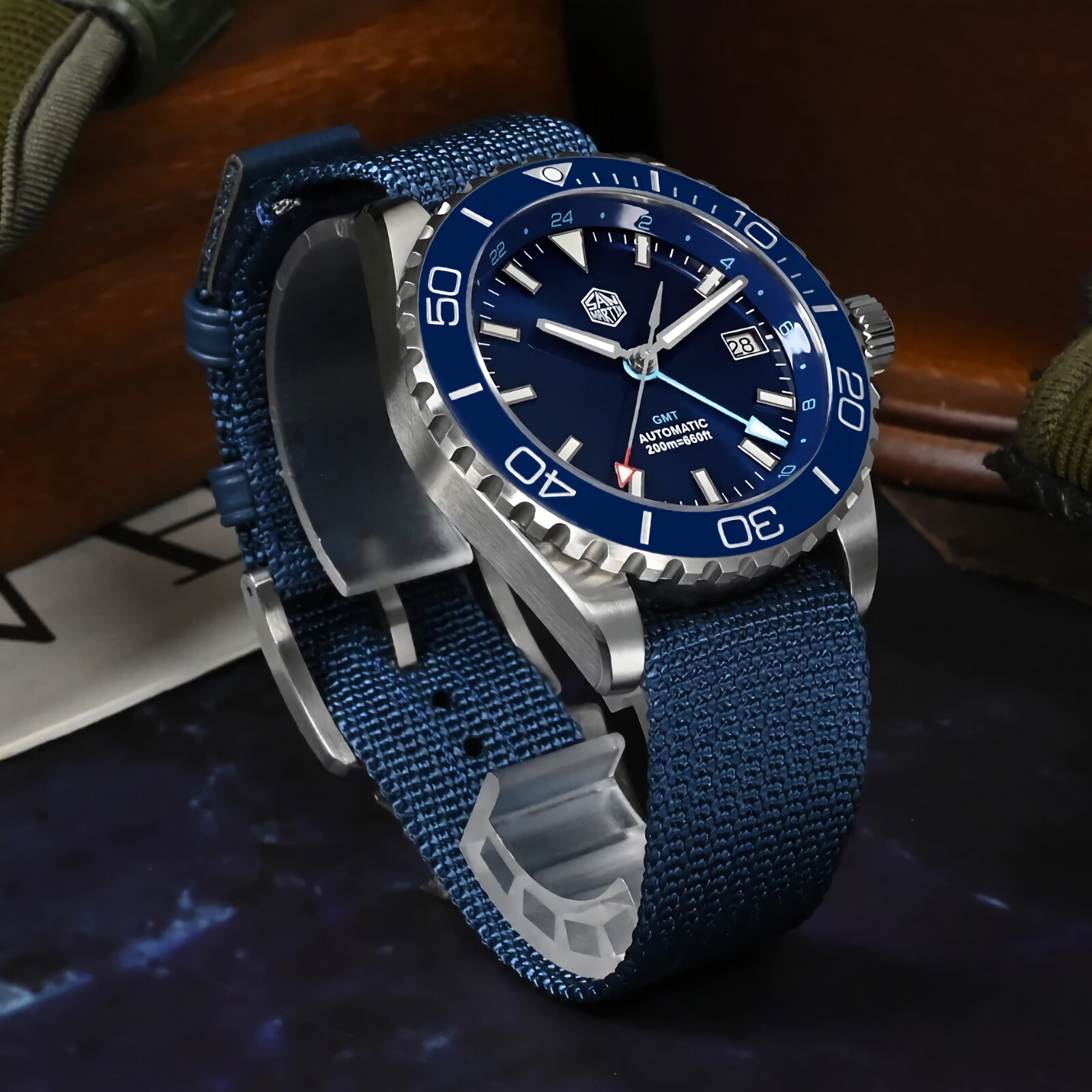 SAN MARTIN SN0136-G GMT Automatic Enamel Dial Stainless Steel 39mm Diver Watch