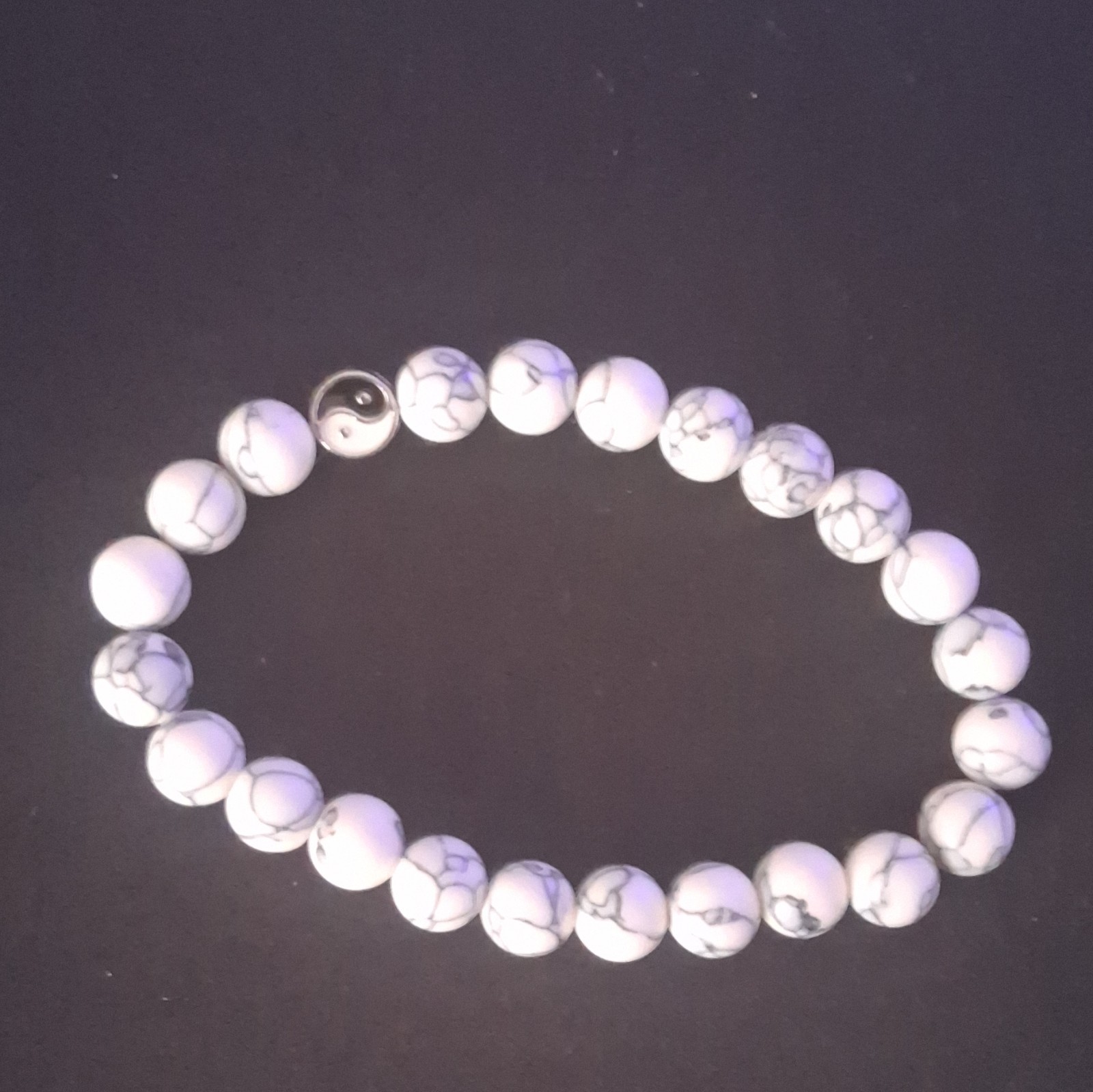 Yin Yang White Gray Black Round Stone Beaded Stretch Bracelet