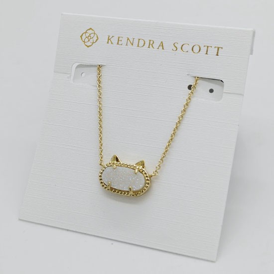 New Kendra Scott Elisa Gold Cat Pendant Necklace In Iridescent White Drusy
