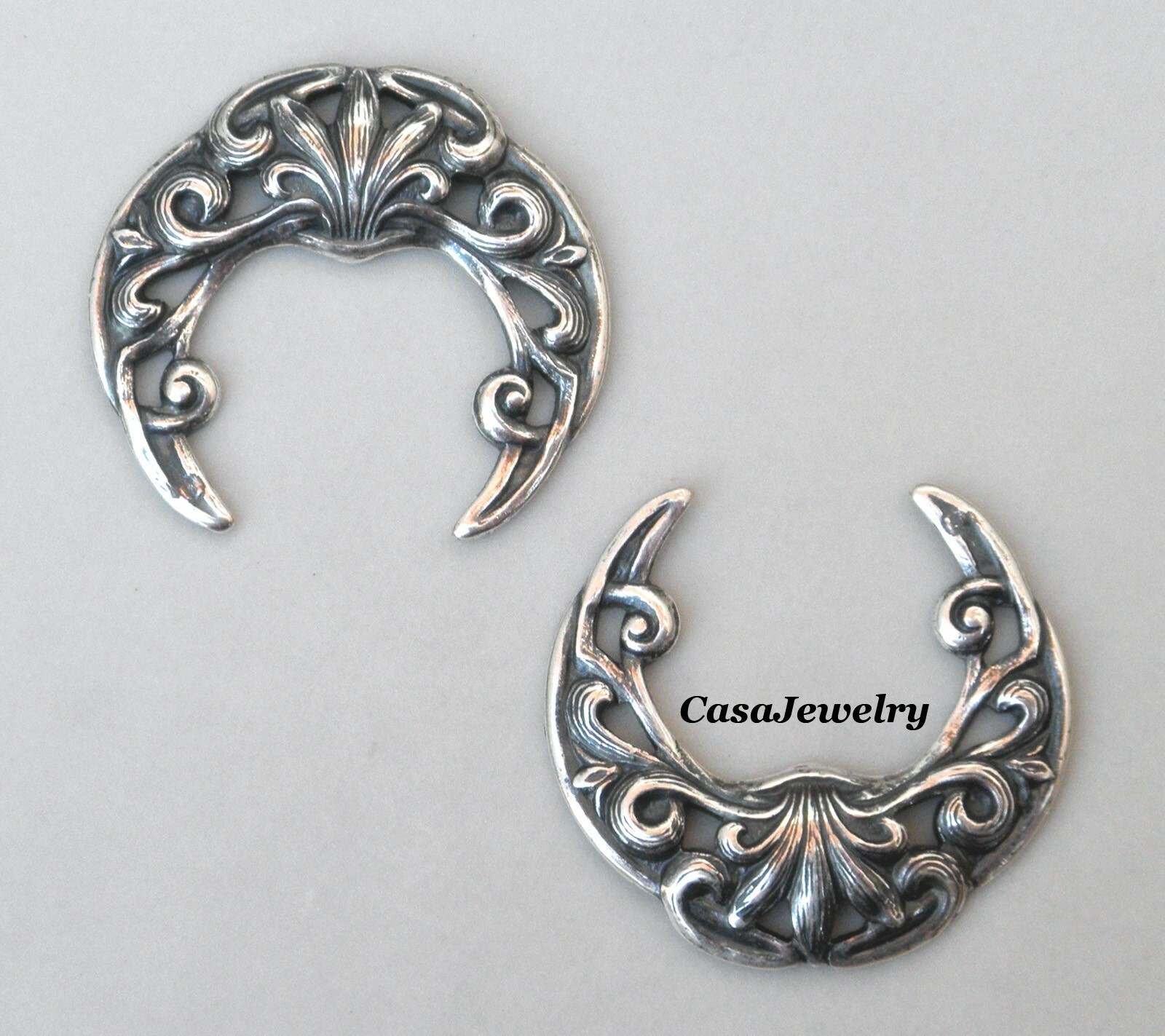 #3407 SM ANTIQUED STERLING SILVER PLATED OPEN FILIGREE CRESCENT – 2 Pc Lot