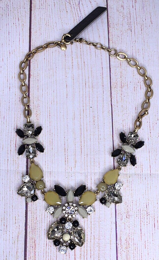 J. Crew Statement Large Rhinestone Clear Black Gold Tone Bib Necklace NEW NWT
