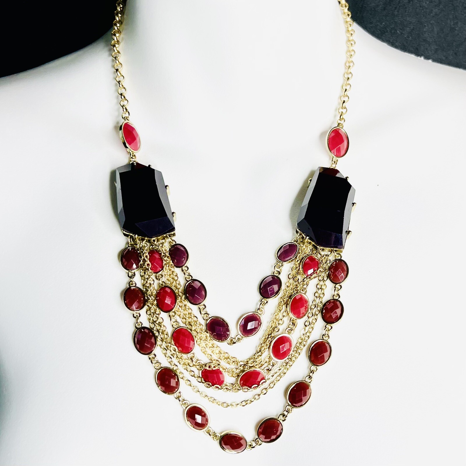 Statement Red Black Resin Stone Layered Multi Strand Bib Necklace Gold Tone 1092