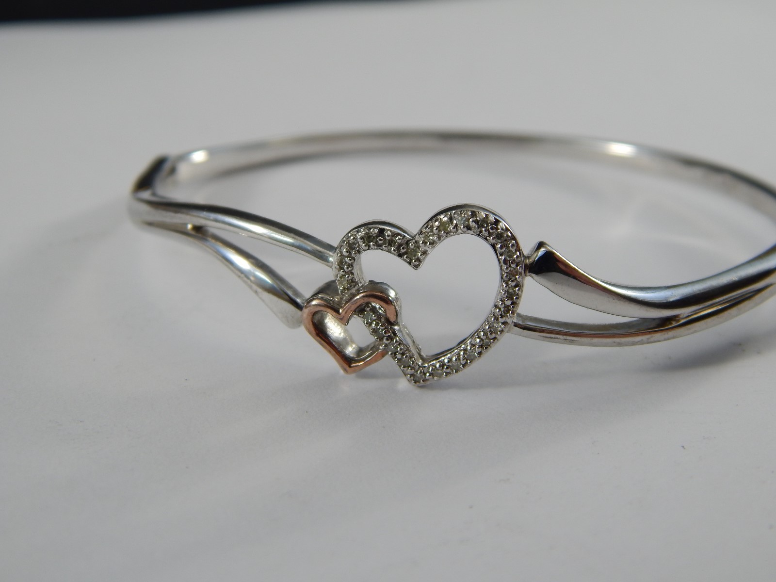 Estate Vintage 1OK Yellow Gold & 925 Sterling Silver Double Heart Bracelet SUN