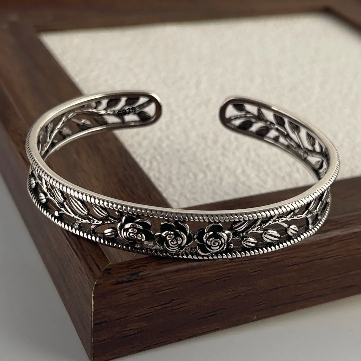 Women Cuff Bangle Vintage Flower Retro Rose Set Sterling Silver Jewelle Bracelet