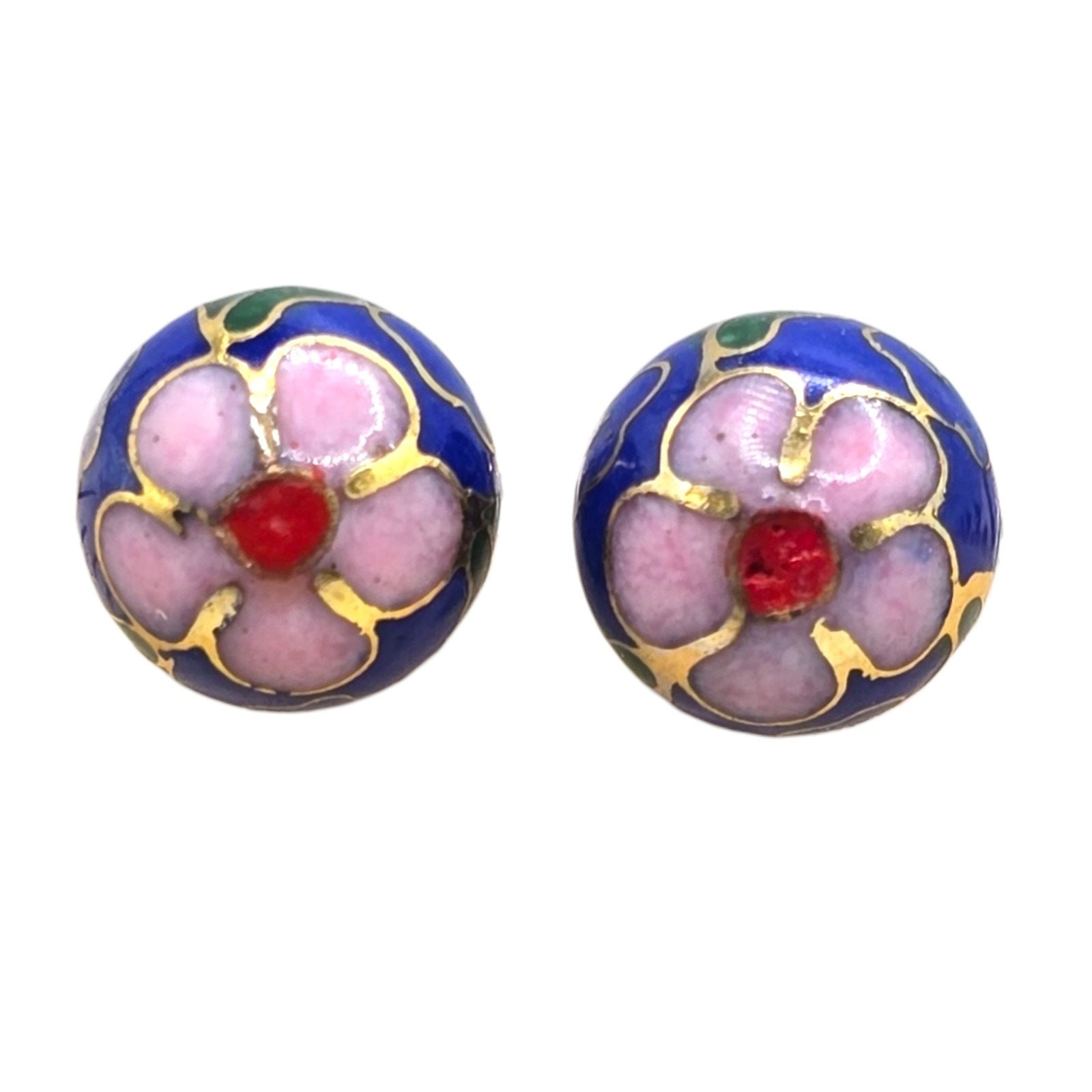 Vintage Earrings Cloisonne Ball Blue Pink Floral Enamel Pierced 70s Style SK3505