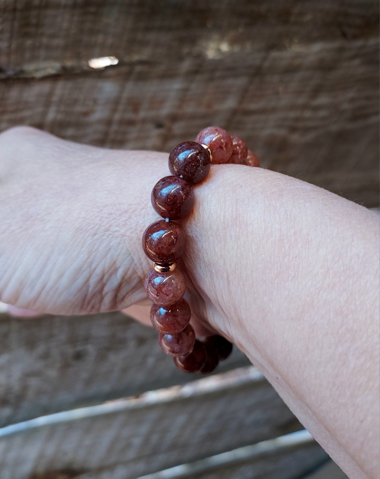 Red Phantom Quartz Gem Bead Bracelet In Rose Gold Stretch One of a Kind 6.75″