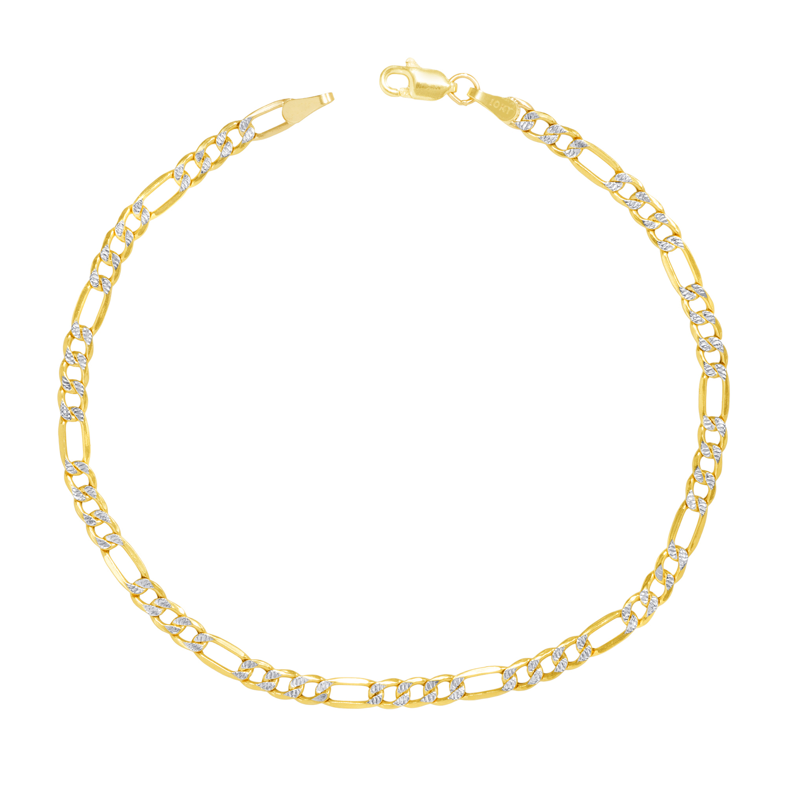 10K Yellow Gold 3.5mm Diamond Cut White Pave Italian Figaro Chain Bracelet 7″-9″