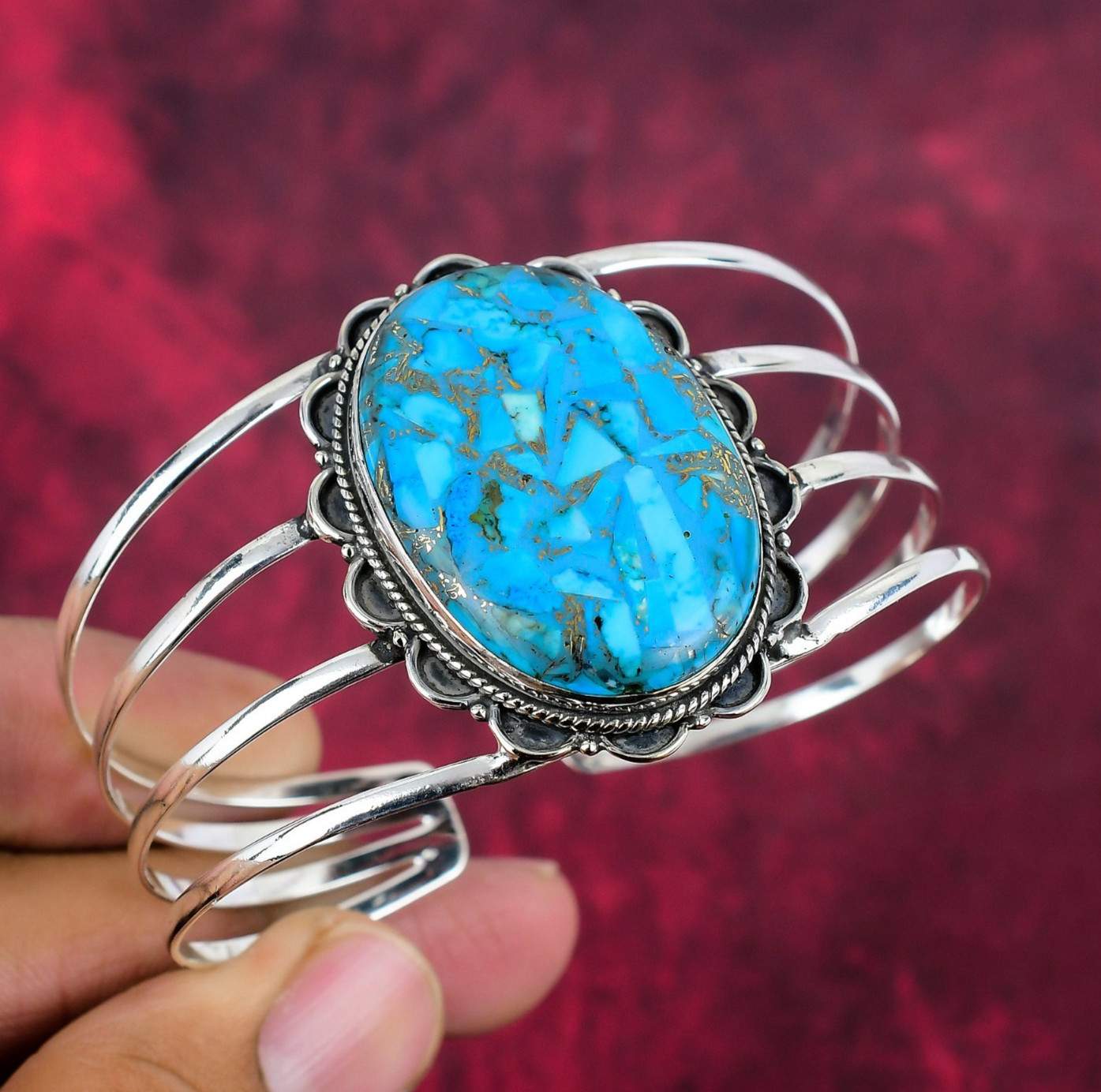 Copper Blue Turquoise Gemstone Handmade 925 Silver Adjustable Bangle Jewelry