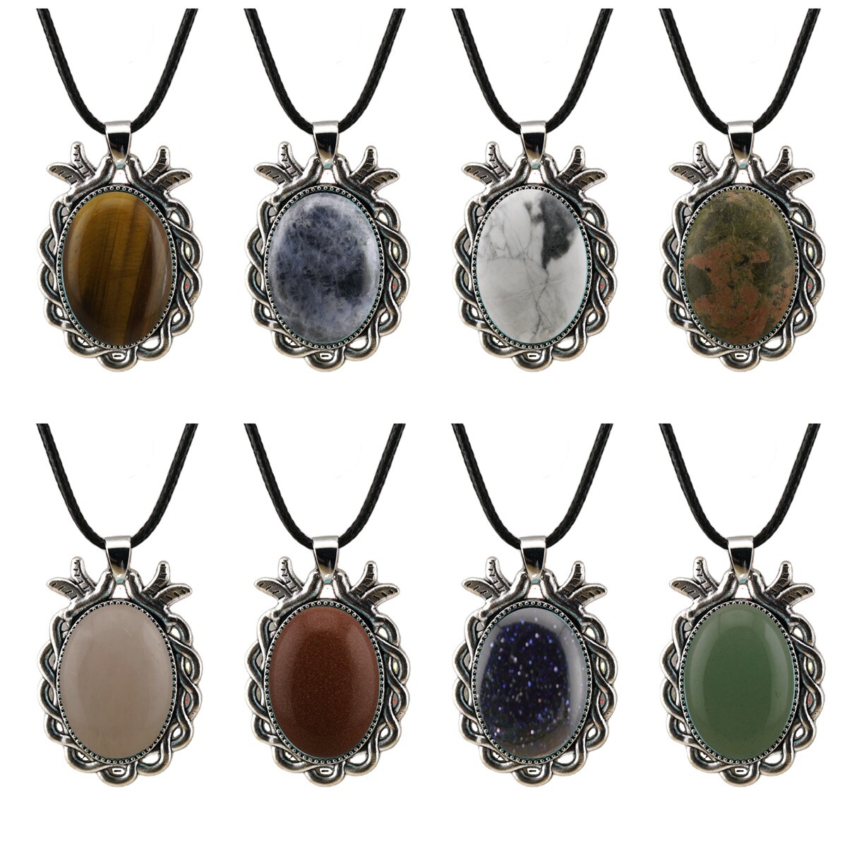 Natural Gemstone Oval Pendant with Lace and Bird Feather Wrapped Necklace