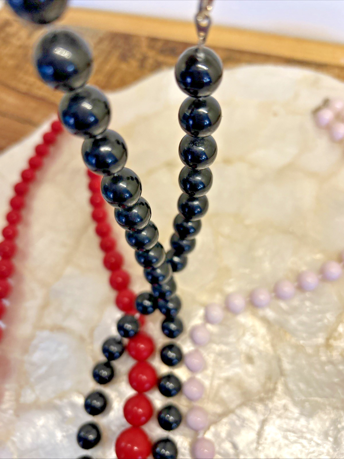 Vintage 80s Three (3) Beaded Necklaces Red, Black, & Lavender