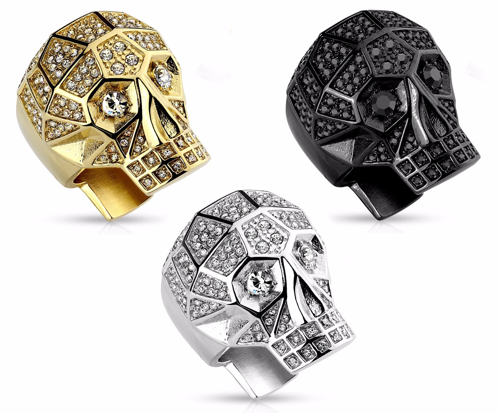 Crystal Paved Faceted Skull Stainless Steel Band Ring in Silver, Gold or Black