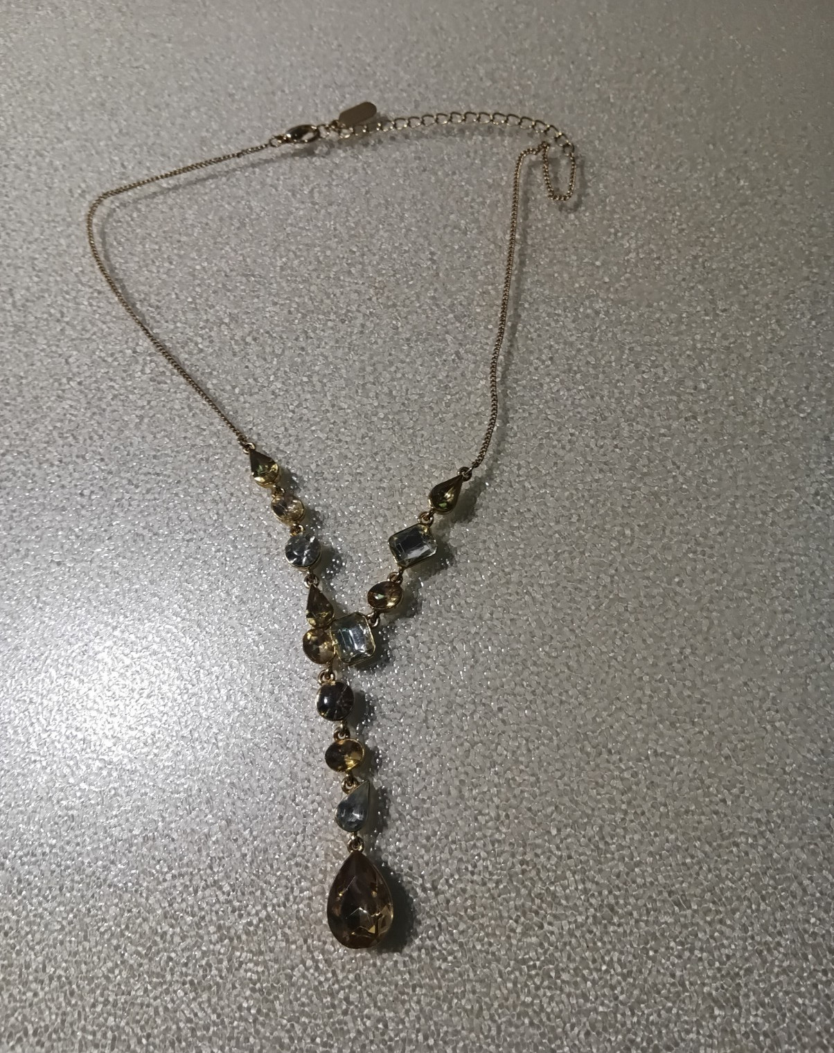 Gold Tone Beaded Necklace, Brown Crystal Teardrop Pendant Charm, Cable Chain