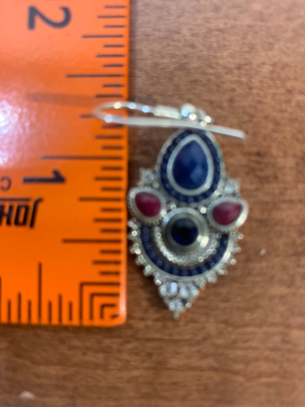 Vintage Designer Sterling Silver Ear Rings with Pear Cut Blue and Red Gemstones