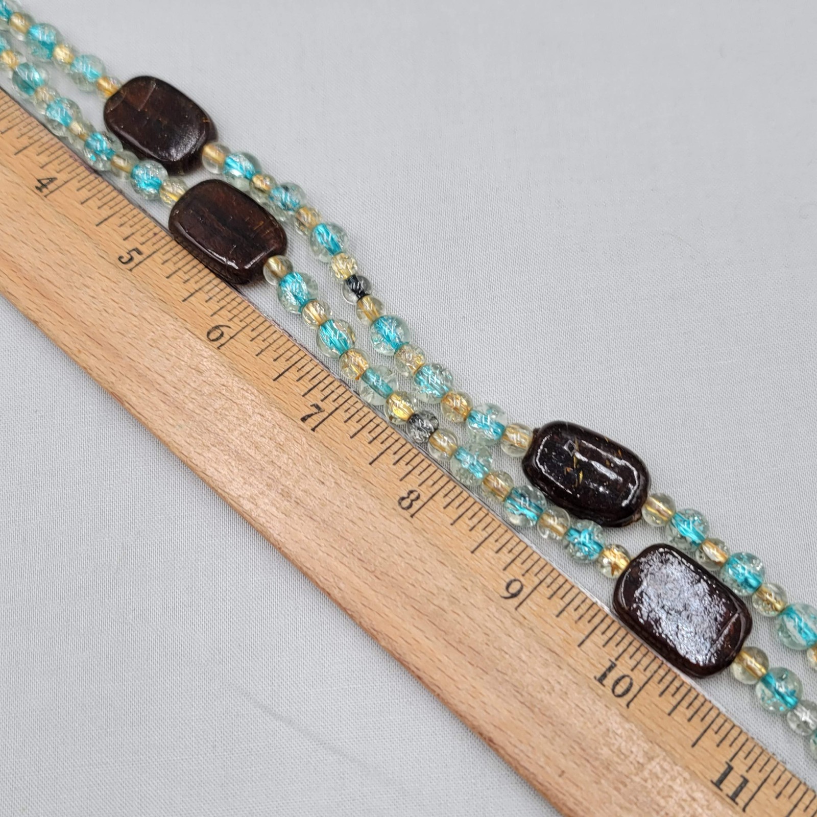 Artisan Brown Yellow Blue Glass Bead Necklace 28 in