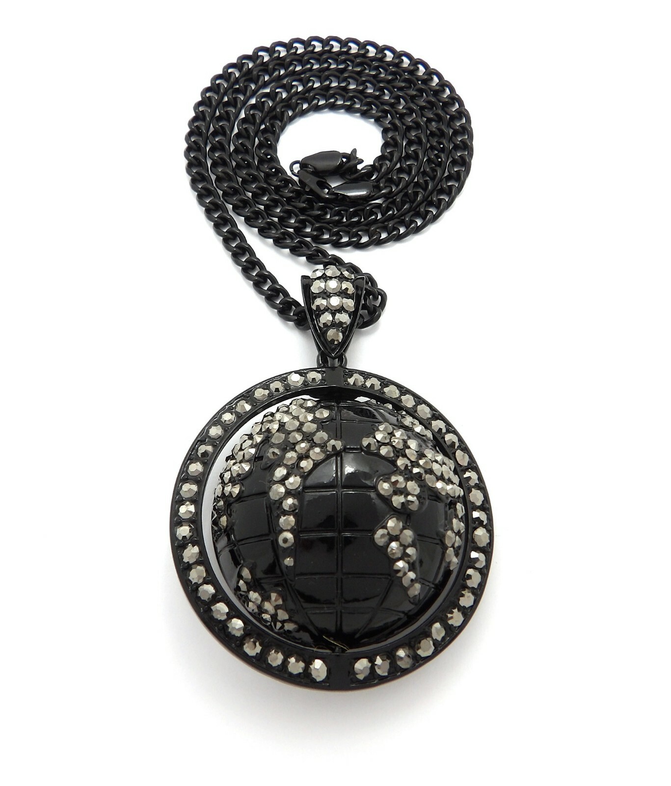 HIP HOP ICED JET BLACK WORLD GLOBE PENDANT & 5mm 24″ CUBAN CHAIN BLING NECKLACE
