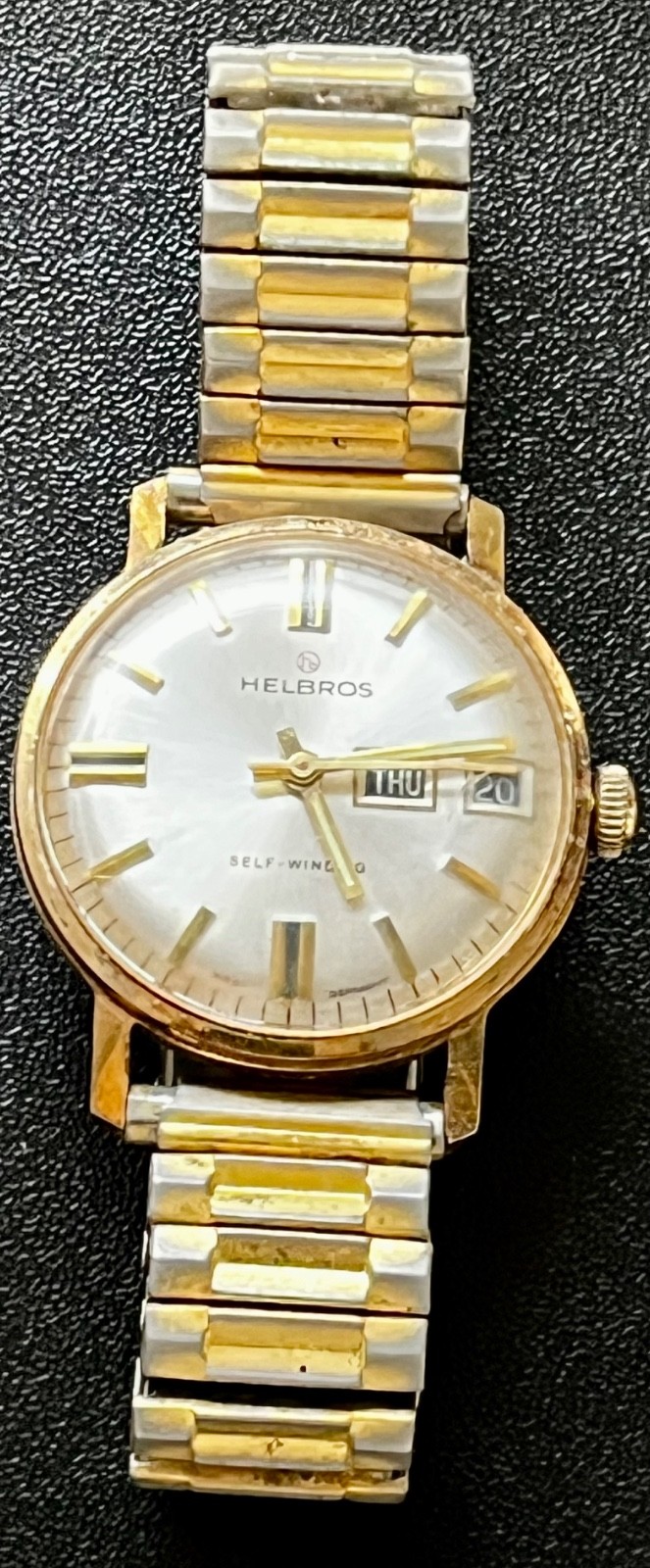 VINTAGE HELBROS WATCH AUTOMATIC DAY DATE SUNBURST GOLD PLATED MEN’S WEST GERMANY