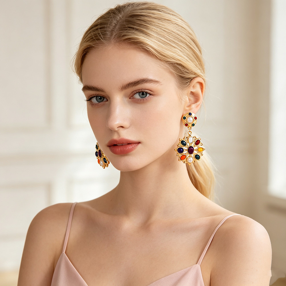 Multi Color Stone Floral Drop Earrings Gold Plated Retro Pearl Statement Jewelry