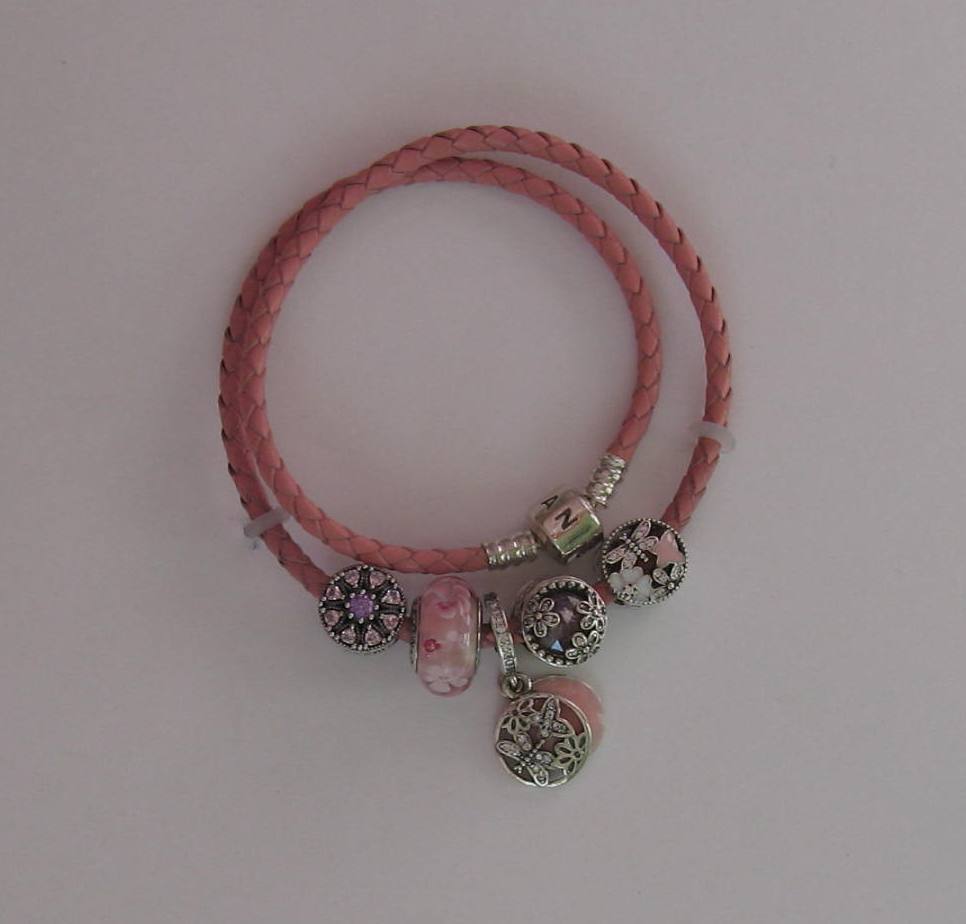 Pink Sparkling Blossom Sterling Silver CZ / Leather Charm Bracelets 36cm