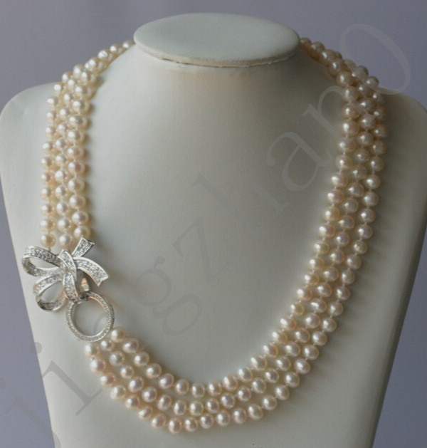 18-20in Pretty Design Triple Strands 6-7mm South Sea White Pearl Necklace 14KGP