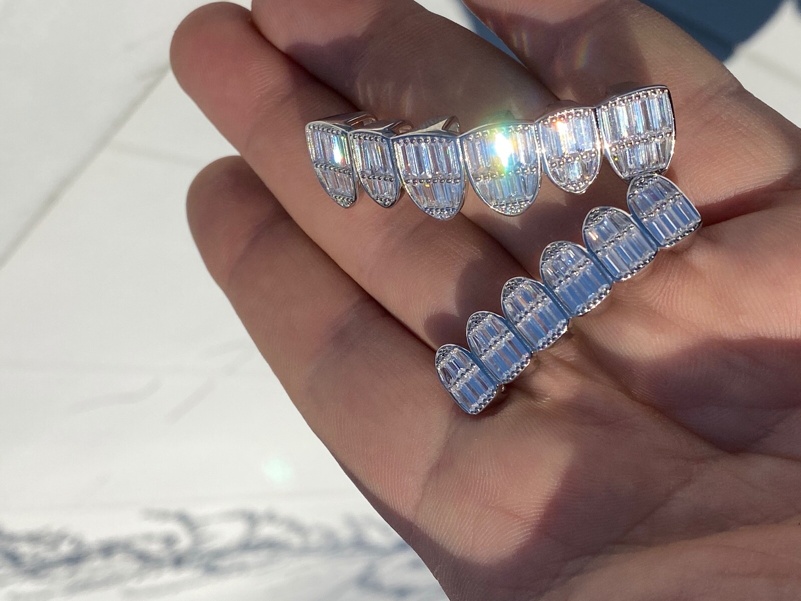 Real Solid Hip Hop 925 Sterling Silver Grillz Baguette Diamond Iced Grills Set