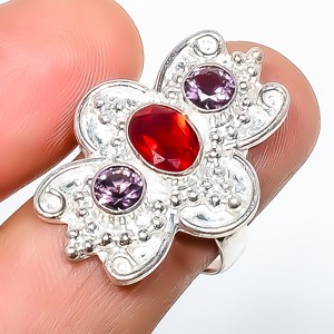Garnet & Amethyst Gemstone 925 Silver Plated Ring s.8.5 TR508-1094