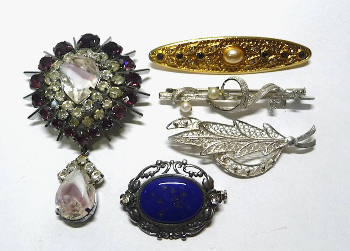 Love Brooches? 5 Vintage Brooches-3 Bar Brooches, 1 Large & 1 Mixed Period Style