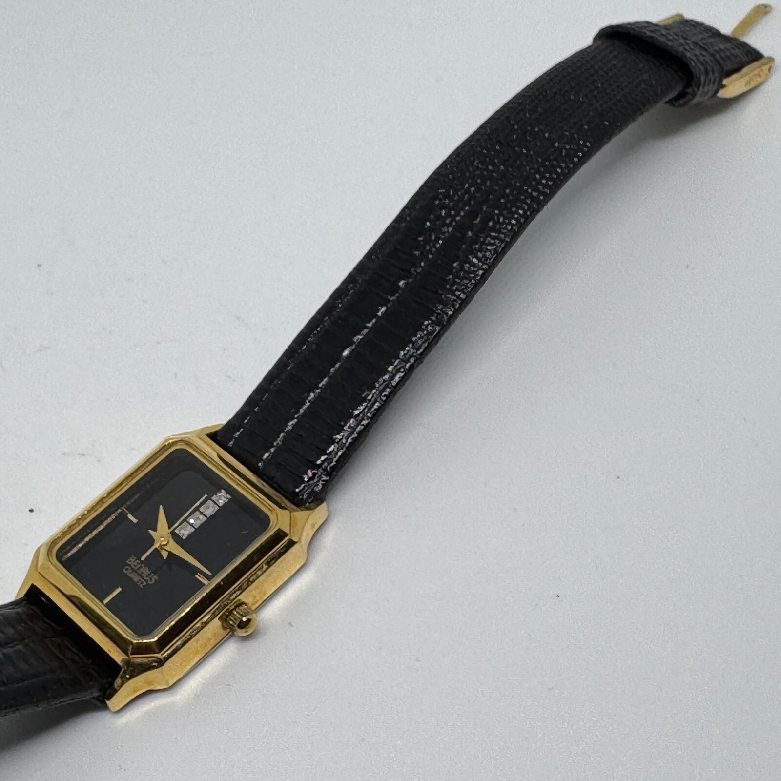 Benrus Quartz Watch Women Gold Tone Diamond Rectangle Leather Analog New Battery