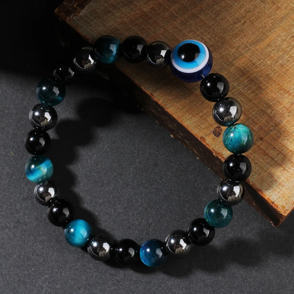 Protection Bracelet,Blue Tigers Eye Black Bile Obsidian Evil Eye Beaded Bracelet