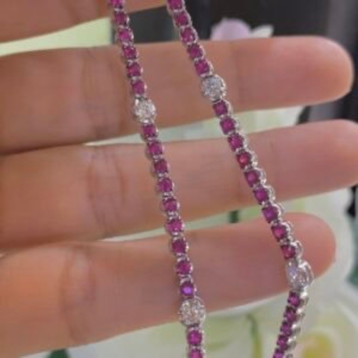 REAL 18K White Gold SILVRE 925 VINTAGE 6.03ct Ruby& 1.12ct in Diamonds 18 INCH