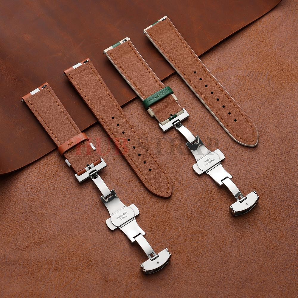 Genuine Calfskin Leather Watch Strap 20mm 22mm For Omega Seiko Butterfly Buckle